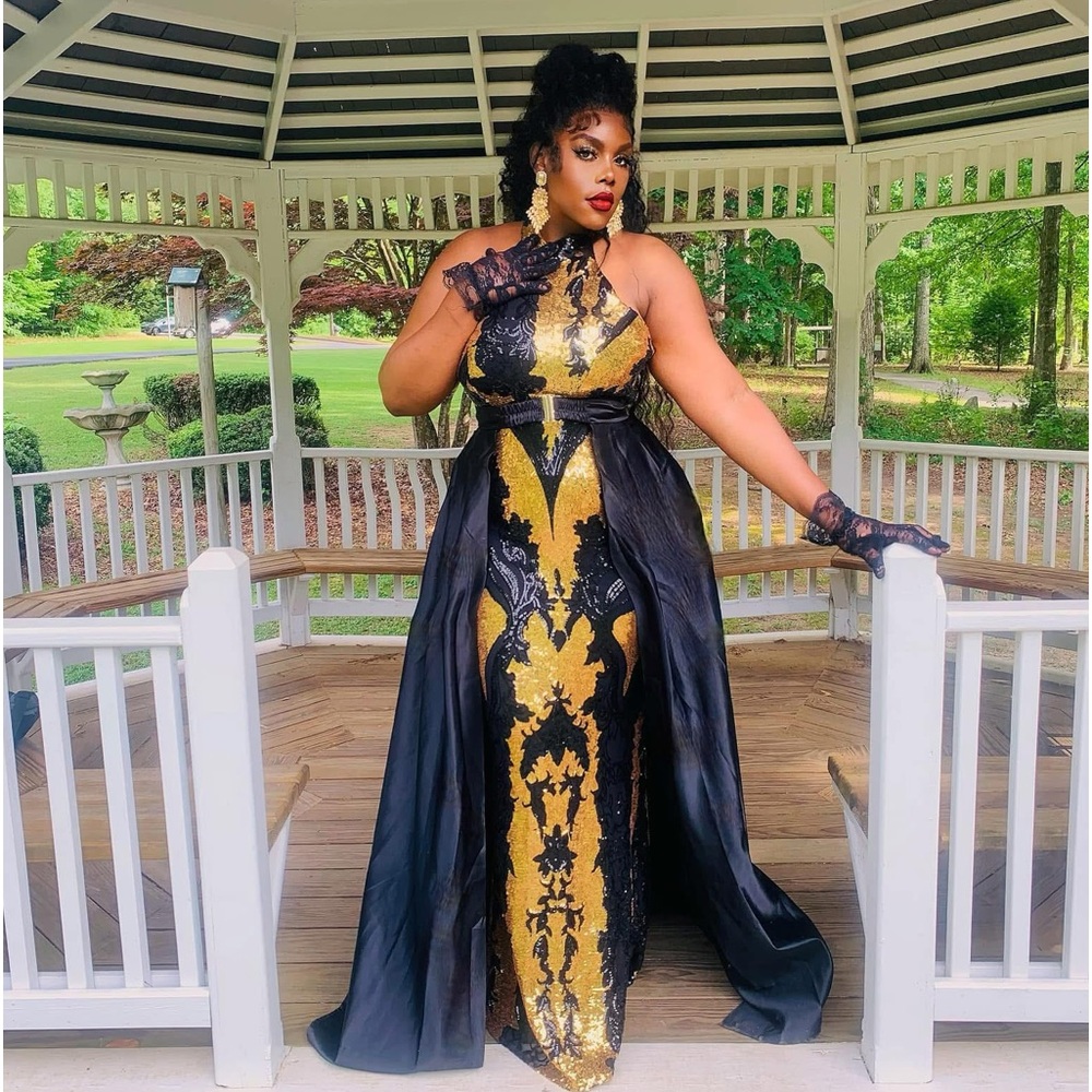 Women Plus Sequin Black & Gold Formal Evening Gown - Picture 3 of 11